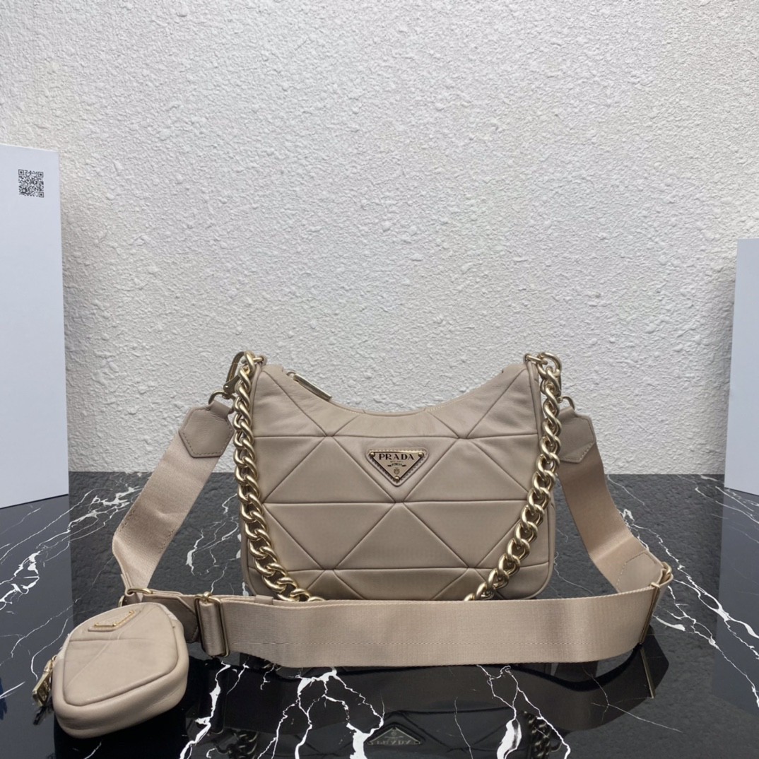 Pra*a Padded Hobo Bag Beige/Green For Women 9.5 in / 24 cm 1BC151_RDJN_F0F24_V_O1O