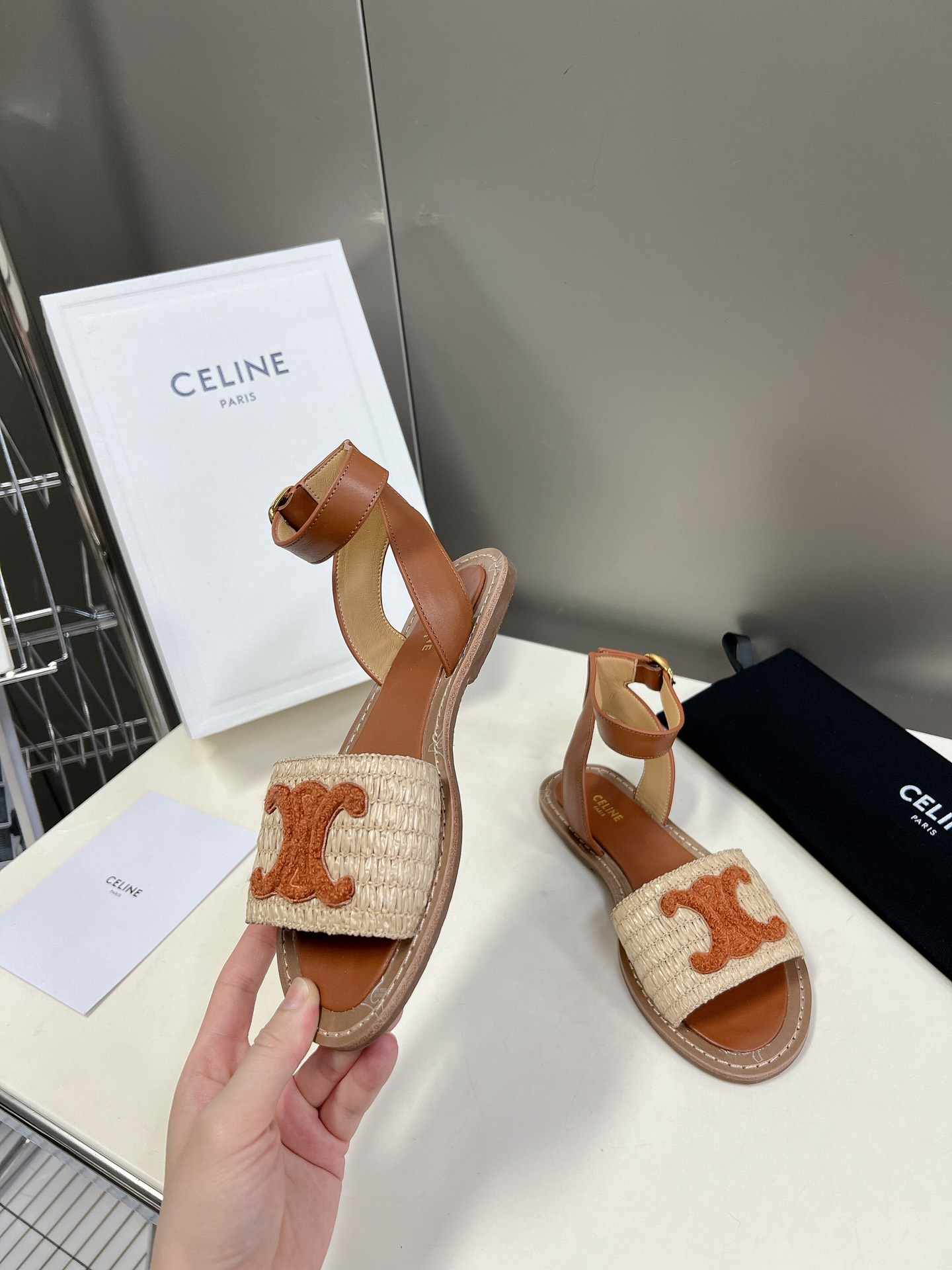 Ce1i*e Lympia Flat Strap Sandal In Raffia Brown For Women