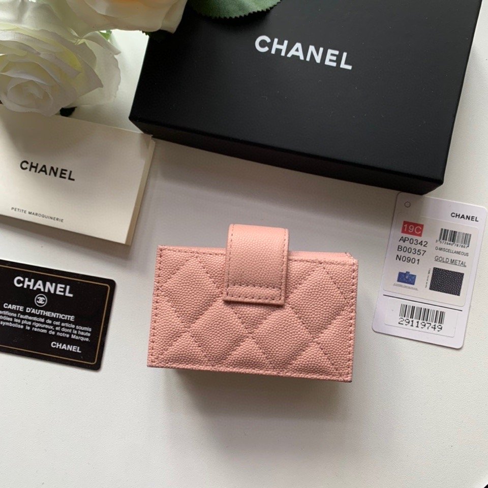Ch**el CO-CO Card Holder Wallet Pink Gold Toned Hardware For Women 10cm/4in