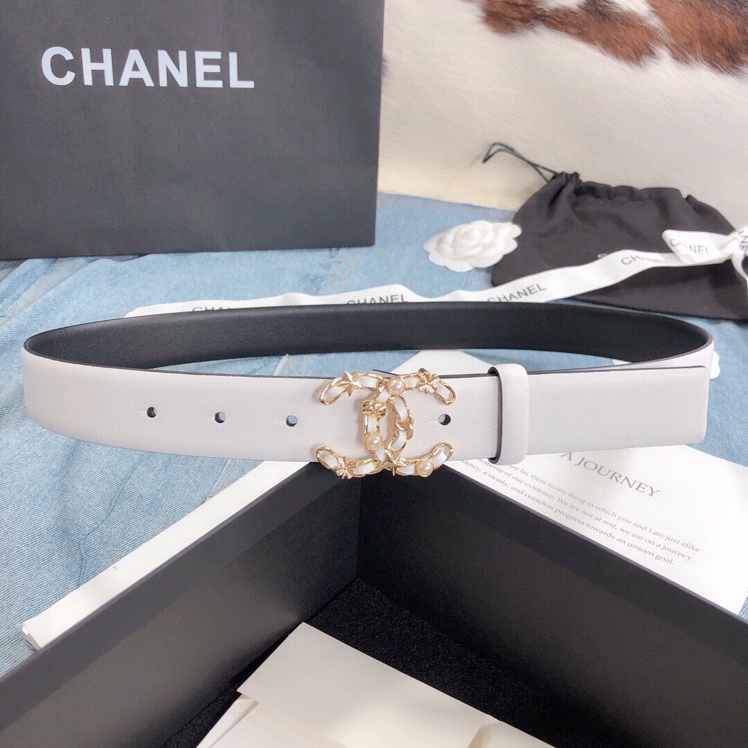 Ch**el Belt With Double C Buckle White Gold Toned Hardware Women Belt