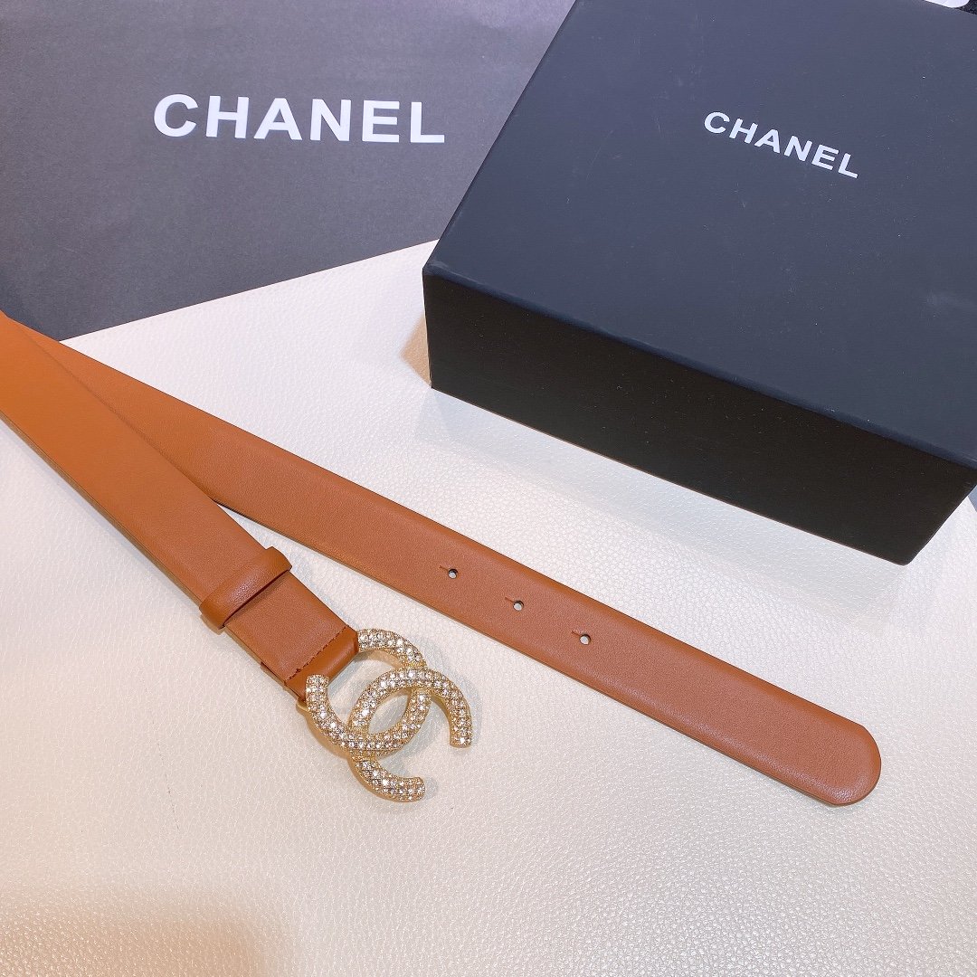 Ch**el Brown Belt With Double C Buckle Gold-Toned and Strass Metal Women Belt