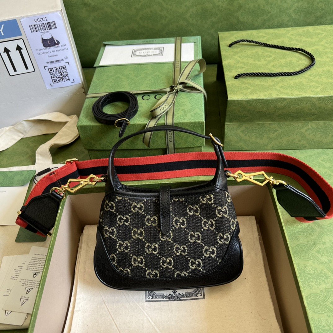 Gvc*1 Jackie 1961 Mini Shoulder Bag Black And Ivory GG Denim Jacquard For Women 7.5in/19cm GG 685127 UN3AG 1294