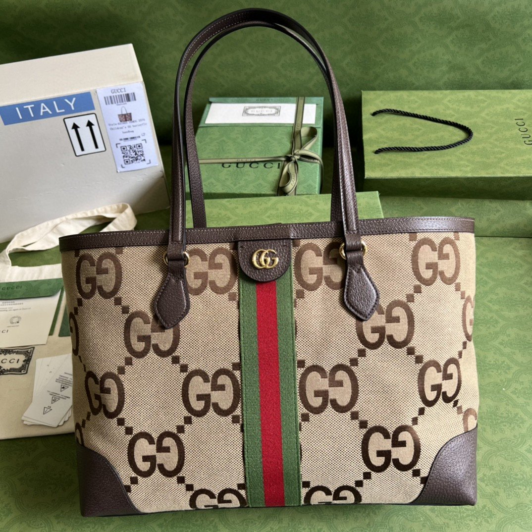 Gvc*1 Ophidia Jumbo GG Medium Tote Camel And Ebony Jumbo Canvas For Women 15in/38cm 631685 UKMDG 2570