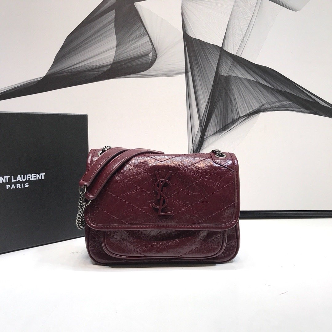 Sa1nt Lau*nt Niki Baby Chain Bag In Crinkled Vintage Burgundy For Women 8.2in/21cm Y51 6331600EN046475
