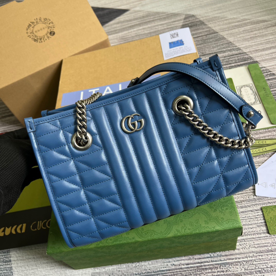 [True-to-ORIGINAL] Gvc*1 Marmont Small Matelasse Tote Blue For Women, Women’s Bags 26.5 in/10.4cm GG ‎‎675796 UM8BF 4340
