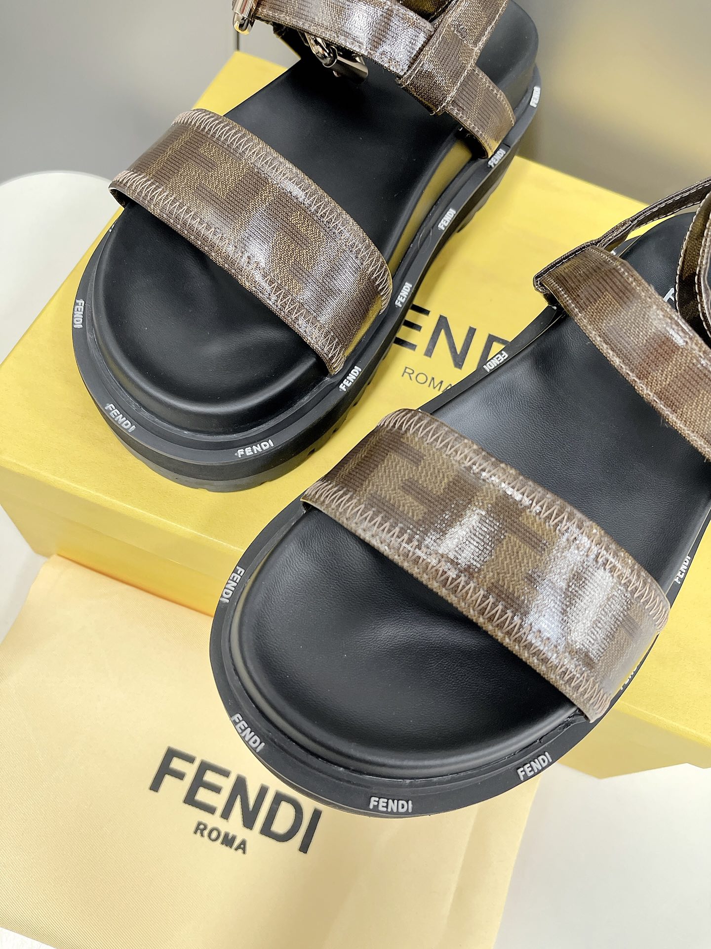 F**di Brown FF Jacquard Sandals For Women