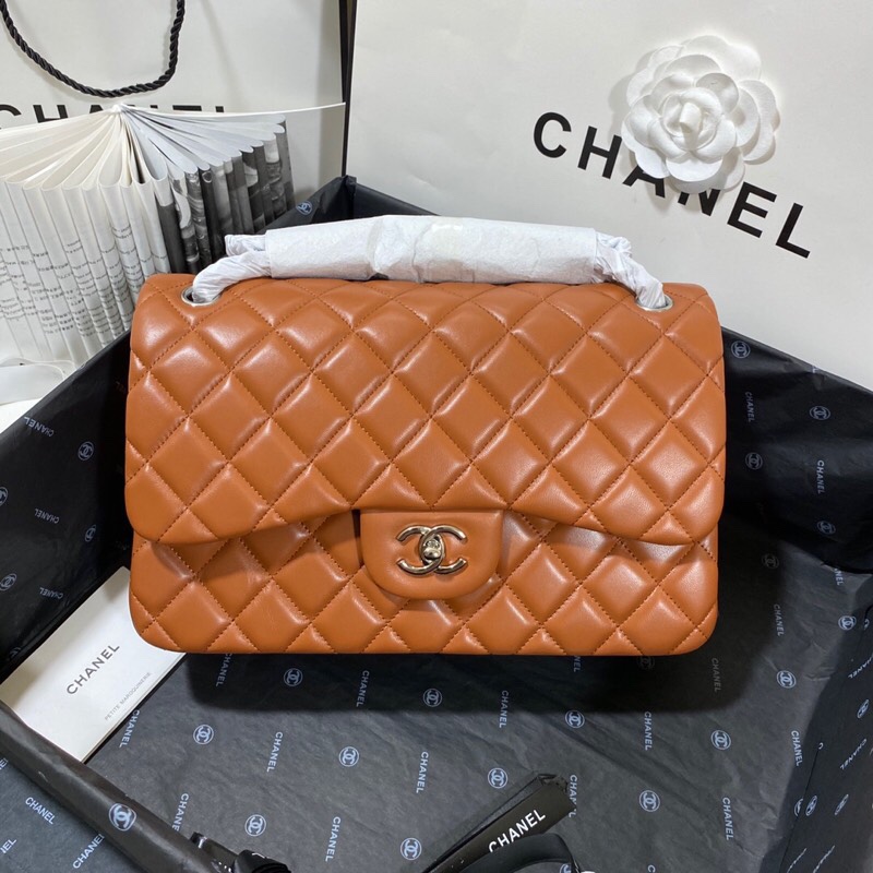 Ch**el Large Classic Handbag Silver Hardware Brown For Women, Women’s Handbags, Shoulder Bags 11.8in/30cm