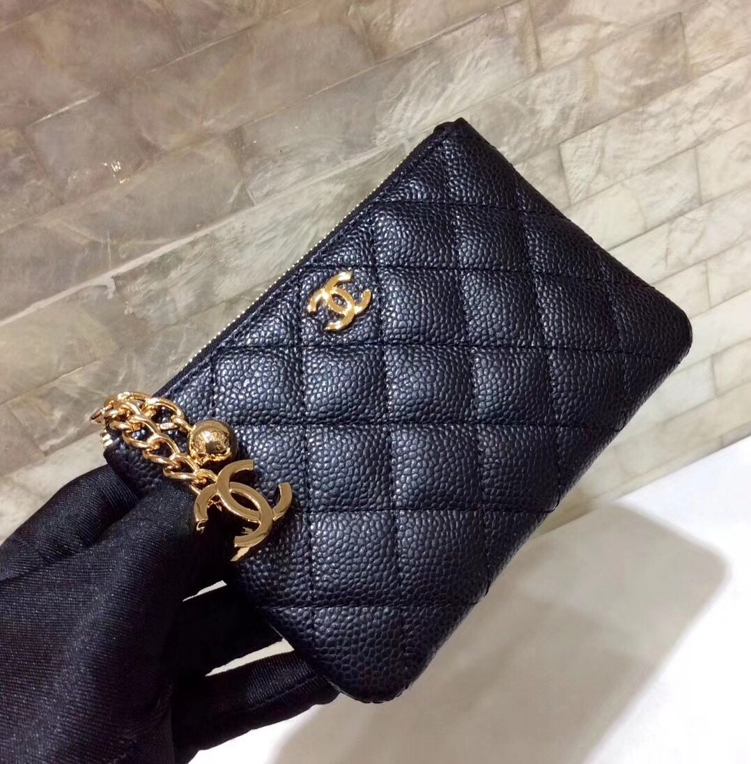 Ch**el CO-CO Classic Mini Pouch Wallet 14cm/5.5in Gold Toned Hardware For Women Black