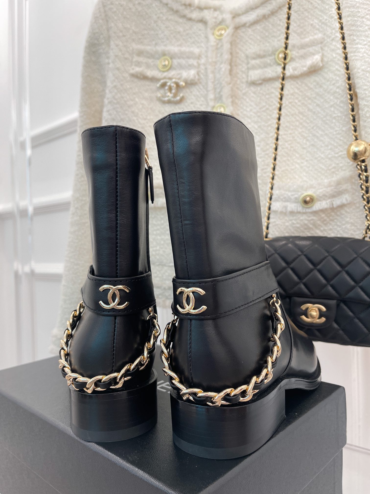 Ch**el Women’s Ankle Boots With Chain Black For Women 1.5in/4cm